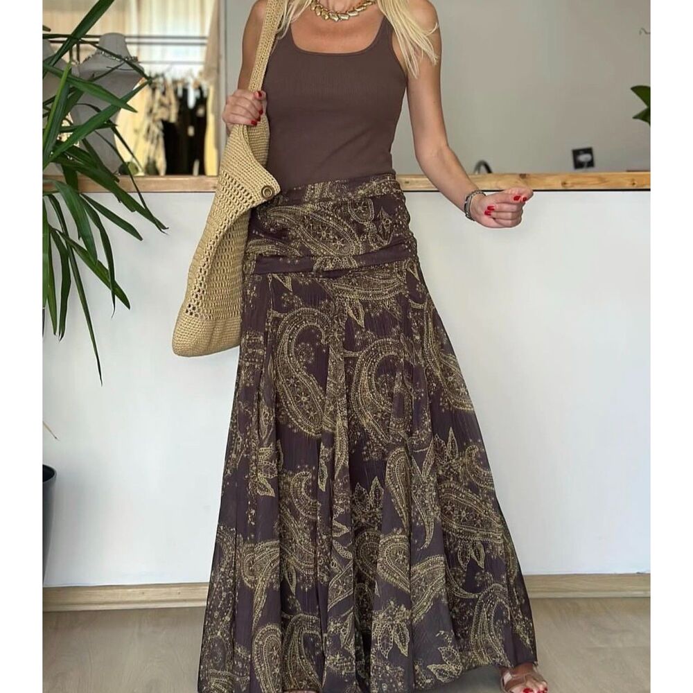NWOT Zara Brown Gold Paisley Boho Maxi Skirt Flowy Festival Size M Medium